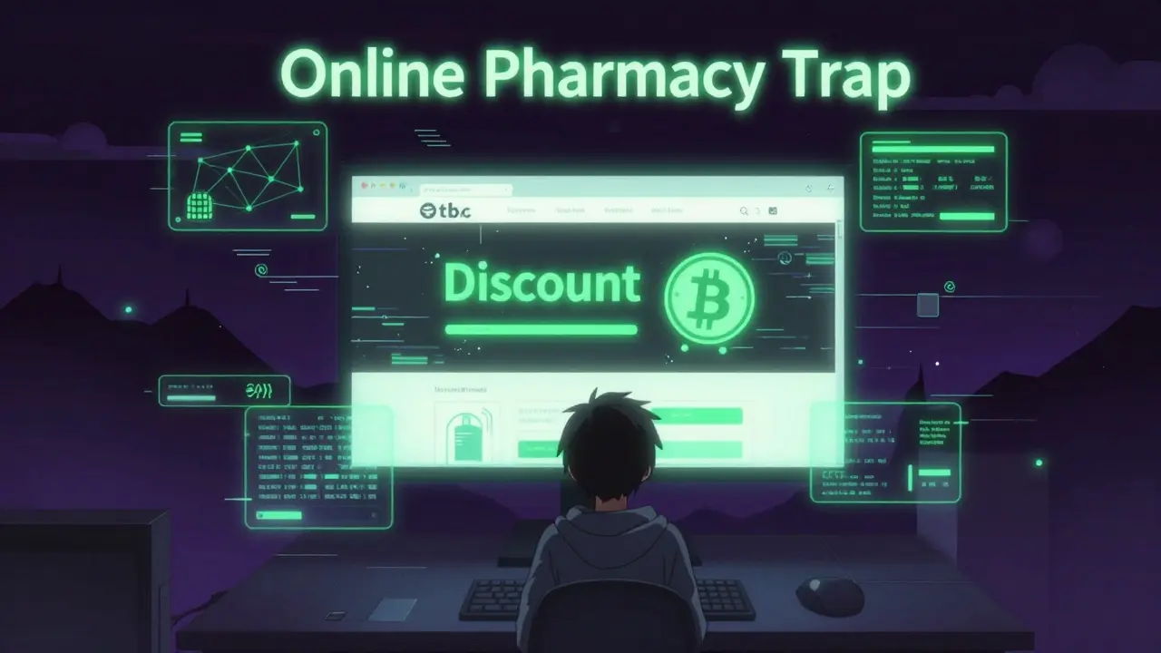 A person browsing a suspicious online pharmacy website with digital glitch effects.