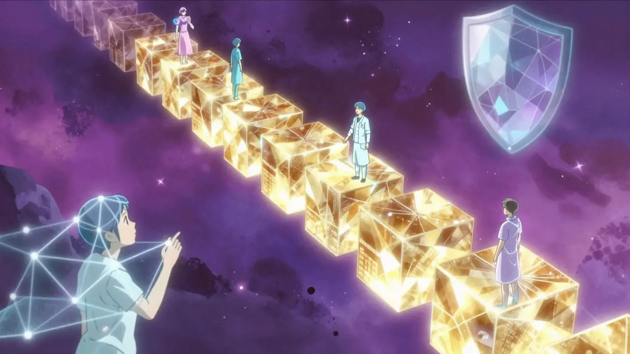 Abstract representation of blockchain and AI security for medicine using glowing crystals and shapes.