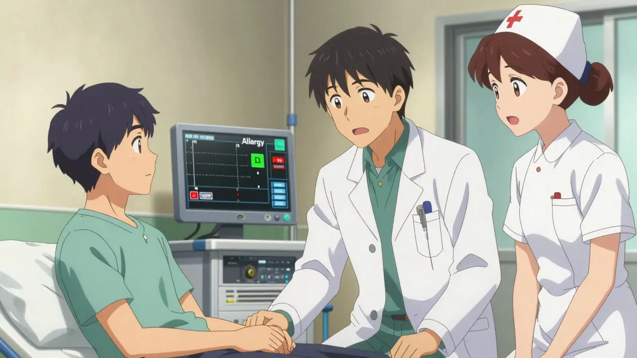 Anime scene of a patient discussing their allergy history with a surgical medical team.