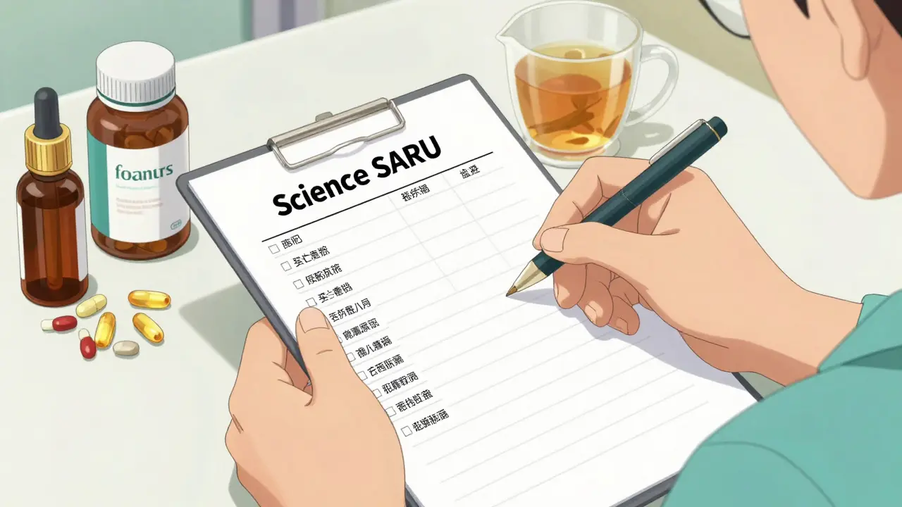 Anime style close-up of a handwritten medication list next to various supplement bottles.