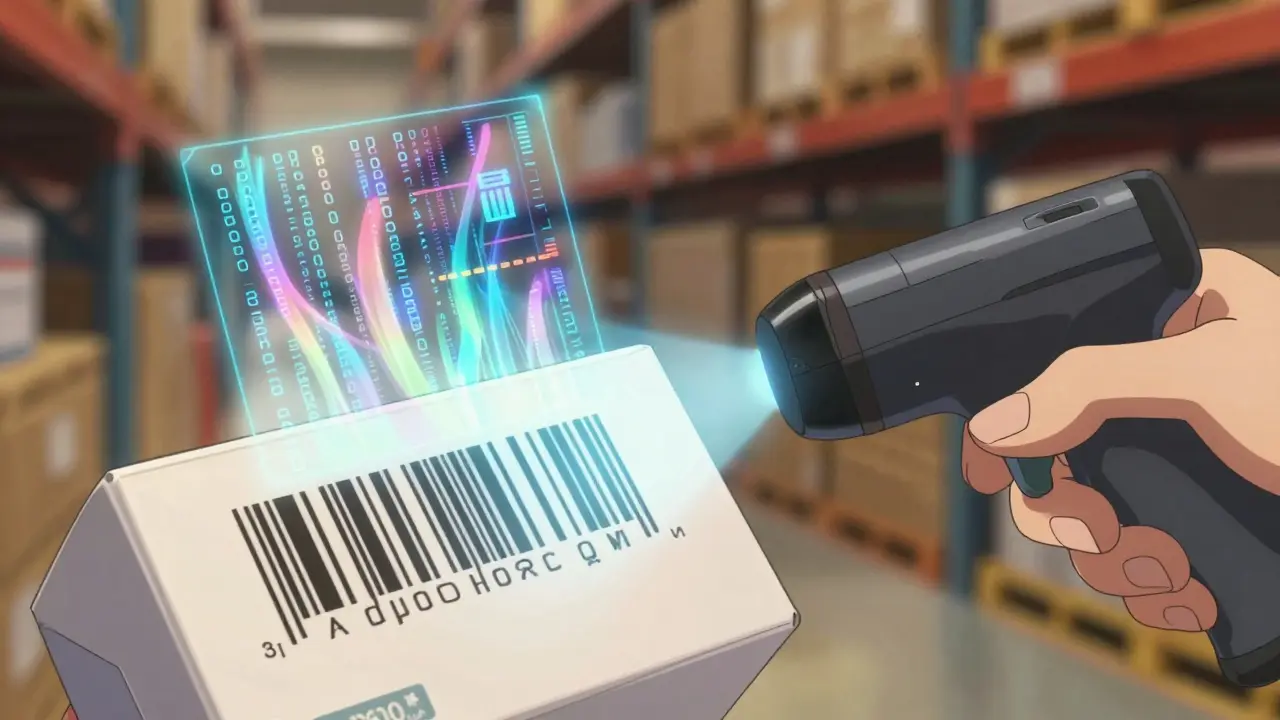 Close-up of a medicine box barcode emitting a holographic data stream during a scan.