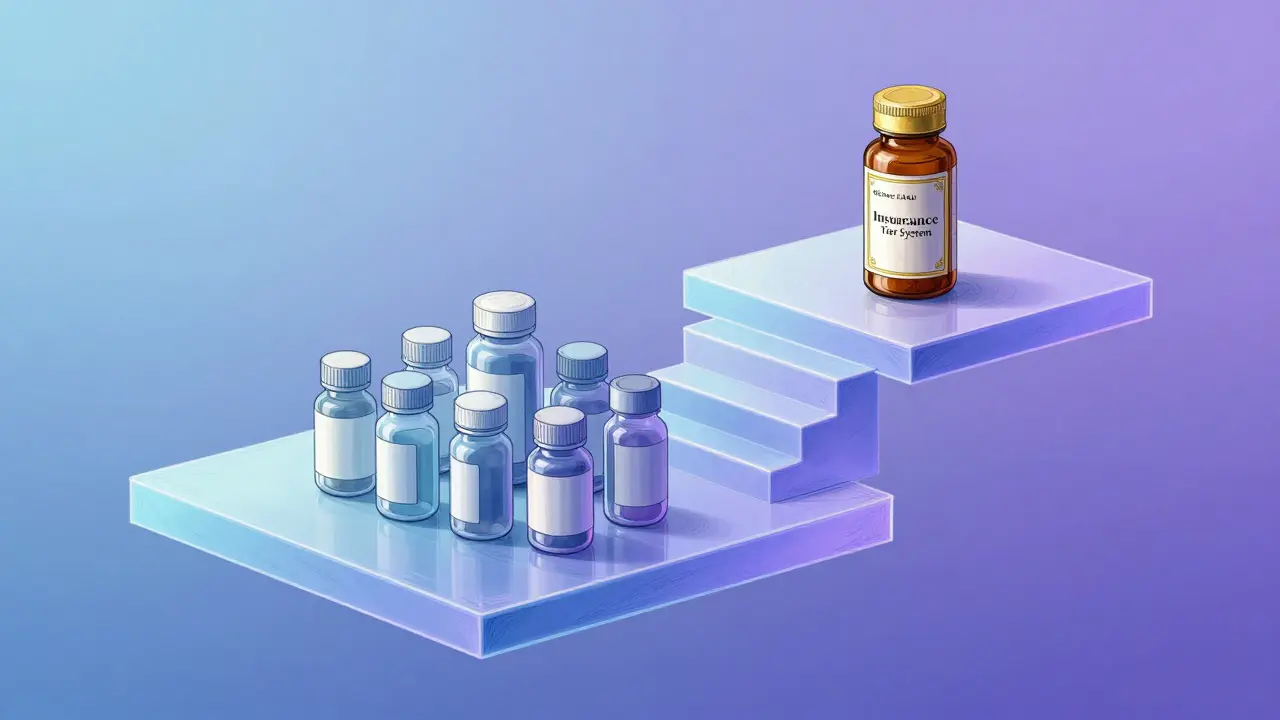 Conceptual floating tiers showing generic and brand-name drug placement