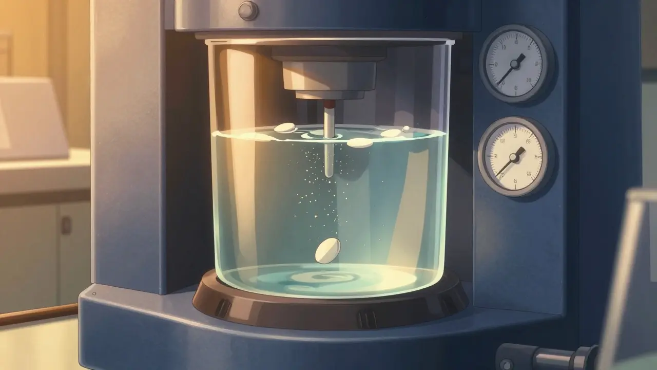 Dissolution testing machine analyzing drug dissolution in liquid solution