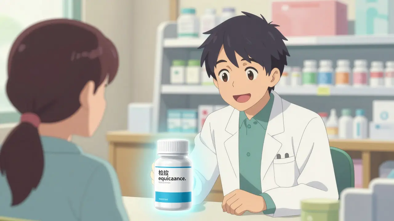 Pharmacist explaining a generic medication to a patient in a friendly anime setting